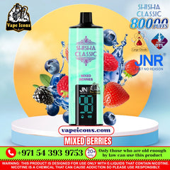 JNR Shisha Classic 80K Puffs disposable vape device in Mixed Berries flavor, displayed on a white pedestal with a yellow and blue graphic background featuring illustrations of berries and fruit.