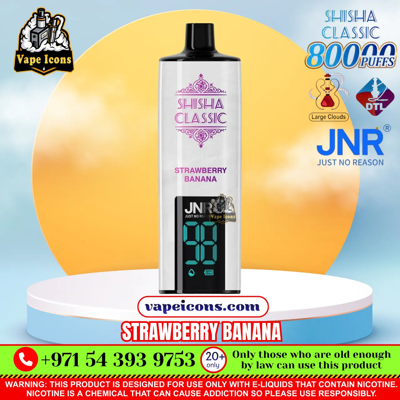 A vape device labeled 'Shisha Classic' with 'Strawberry Banana' flavor, shown on a white pedestal with promotional text and logos around it, including JNR and Vape Icons.