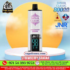 A vape device labeled 'Shisha Classic' with 'Strawberry Banana' flavor, shown on a white pedestal with promotional text and logos around it, including JNR and Vape Icons.