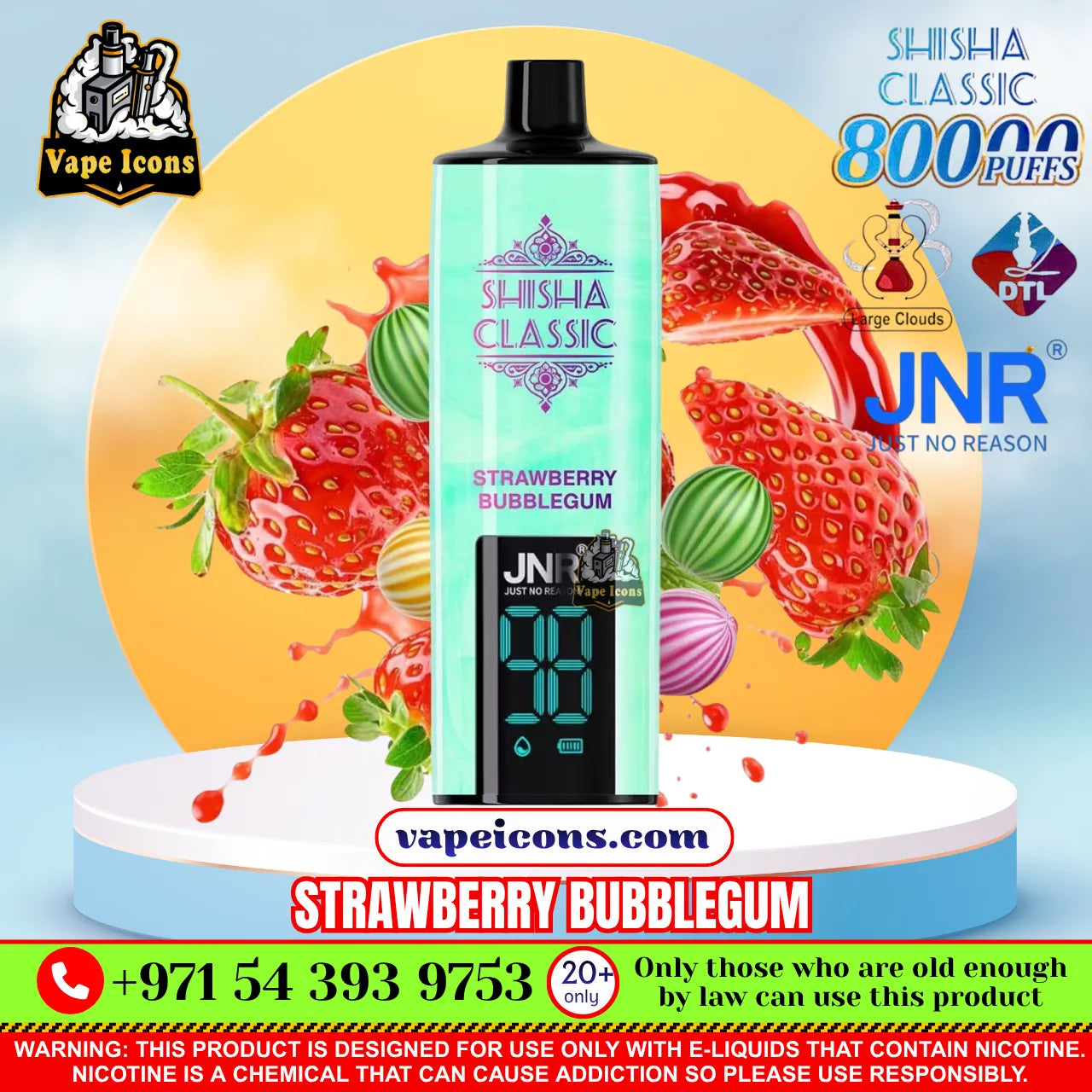 A vape pen product labeled 'Shisha Classic Strawberry Bubblegum' with a mint green body and black mouthpiece, centered on a promotional graphic with strawberries, smoke effects, and multiple brand/promotional text overlays including 'JNR' and 'vapeicons.com'.