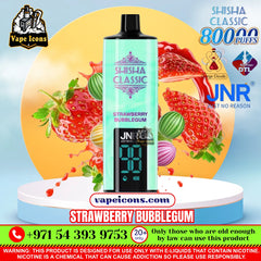 A vape pen product labeled 'Shisha Classic Strawberry Bubblegum' with a mint green body and black mouthpiece, centered on a promotional graphic with strawberries, smoke effects, and multiple brand/promotional text overlays including 'JNR' and 'vapeicons.com'.