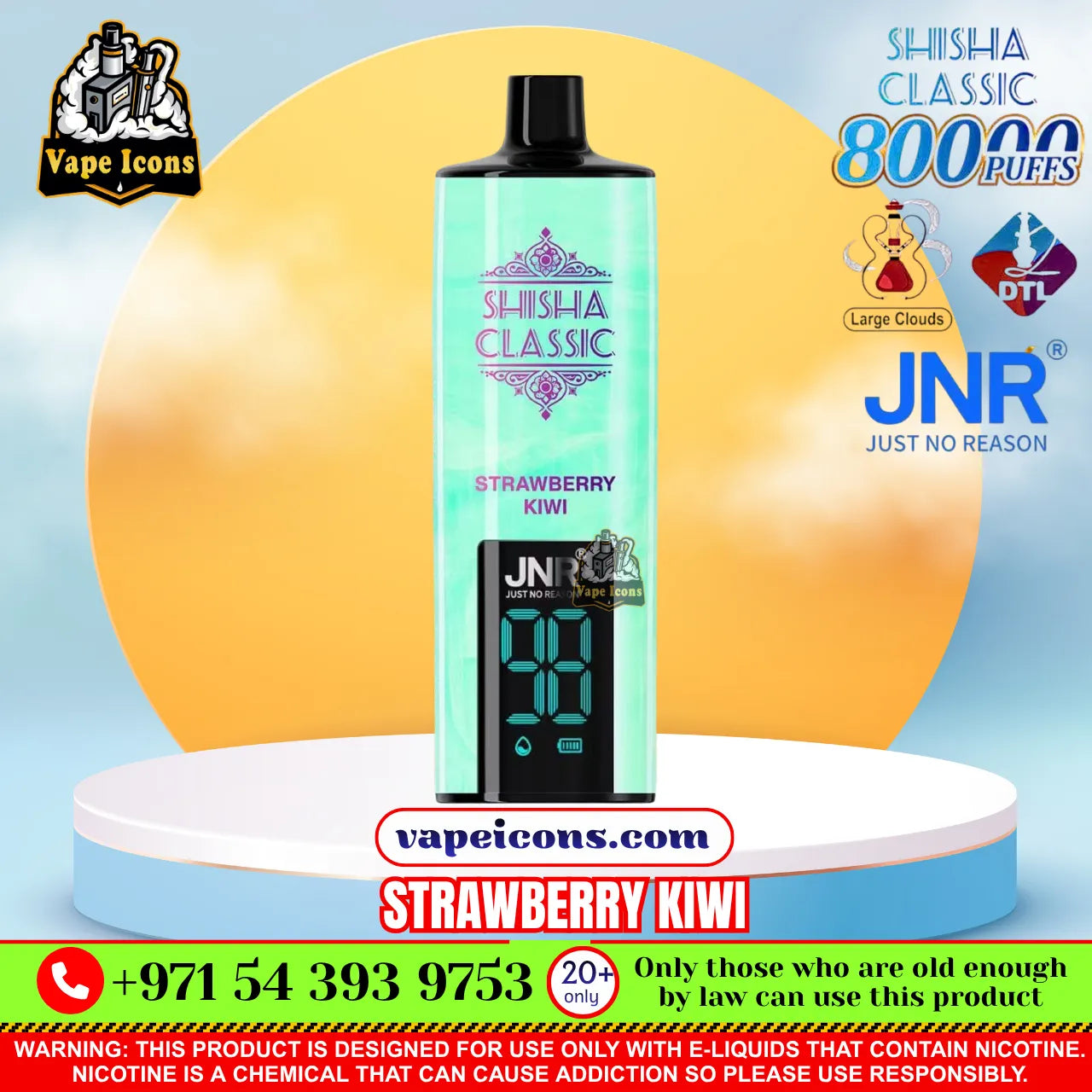 A JNR Vape Icons Shisha Classic disposable vape device in Strawberry Kiwi flavor, displayed on a white and blue circular pedestal. The background is a soft blue and yellow gradient with various promotional text overlays, logos, and warning labels.