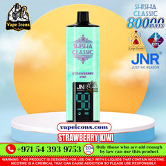 A JNR Vape Icons Shisha Classic disposable vape device in Strawberry Kiwi flavor, displayed on a white and blue circular pedestal. The background is a soft blue and yellow gradient with various promotional text overlays, logos, and warning labels.