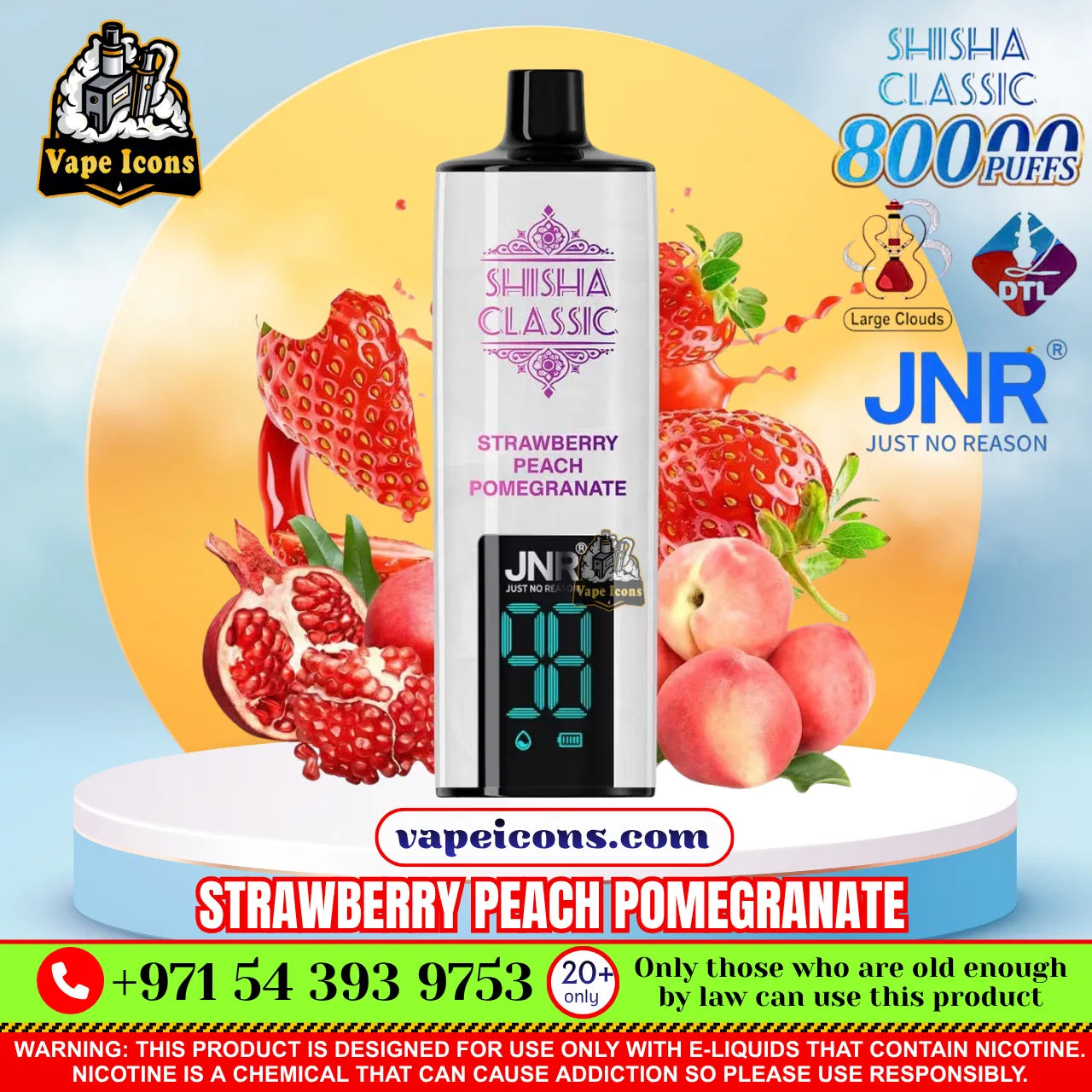 A vape device labeled 'Shisha Classic Strawberry Peach Pomegranate' by JNR, displayed on a white pedestal with strawberries, peaches, and pomegranate graphics, plus promotional text and logos.