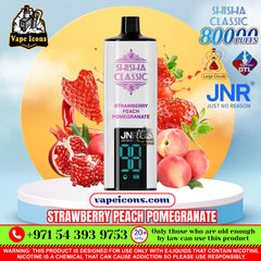 A vape device labeled 'Shisha Classic Strawberry Peach Pomegranate' by JNR, displayed on a white pedestal with strawberries, peaches, and pomegranate graphics, plus promotional text and logos.