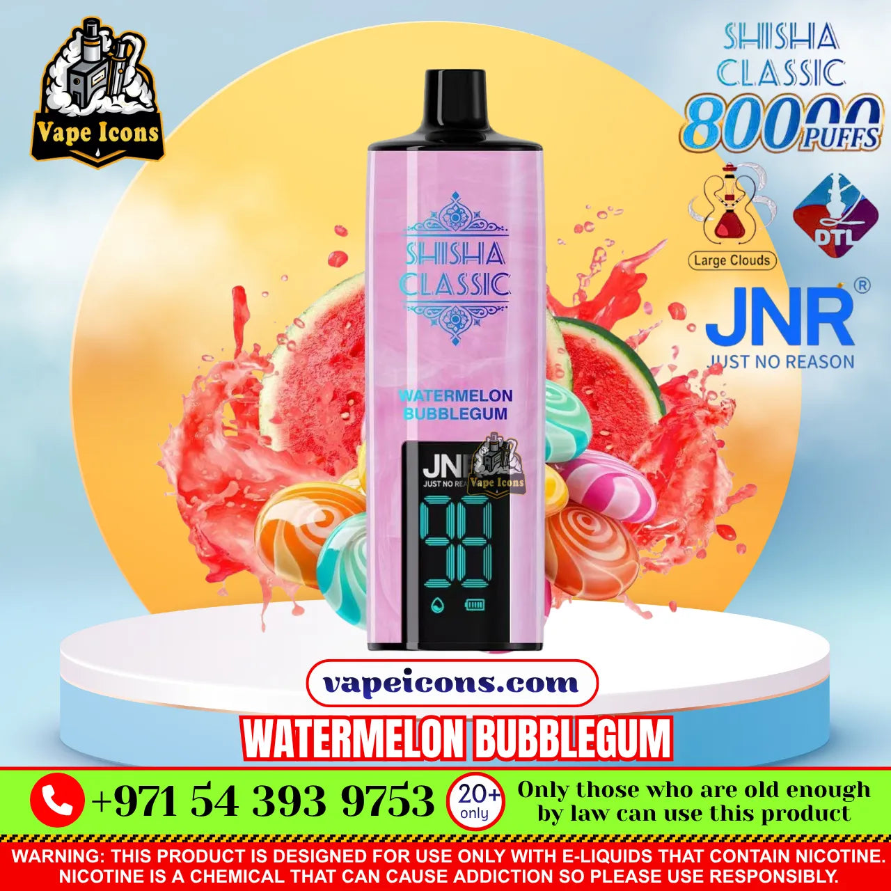 A pink disposable vape device labeled 'Shisha Classic Watermelon Bubblegum' with a digital screen, displayed on a white pedestal against a colorful background with watermelon graphics and promotional text for JNR and vapeicons.
