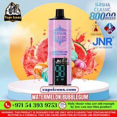 A pink disposable vape device labeled 'Shisha Classic Watermelon Bubblegum' with a digital screen, displayed on a white pedestal against a colorful background with watermelon graphics and promotional text for JNR and vapeicons.