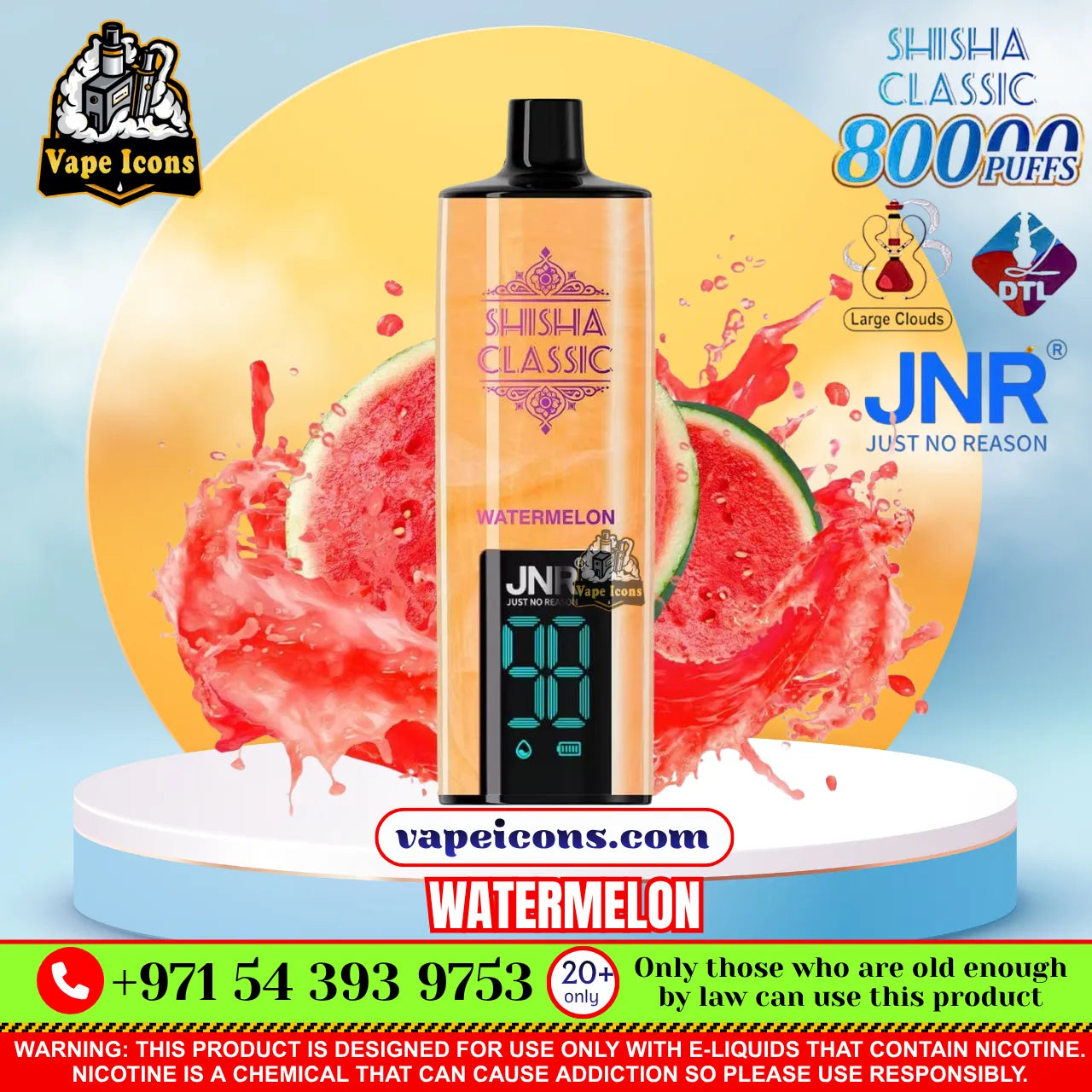A JNR Shisha Classic 80000 Puffs disposable vape device in Watermelon flavor, displayed on a white pedestal with a yellow and blue graphic background featuring watermelon slices and text overlays.