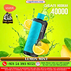 VOZOL Gear Hookah 40k Puffs Rechargeable Disposablevape device with lemon and mint on a green background, featuring Vape Icons branding.