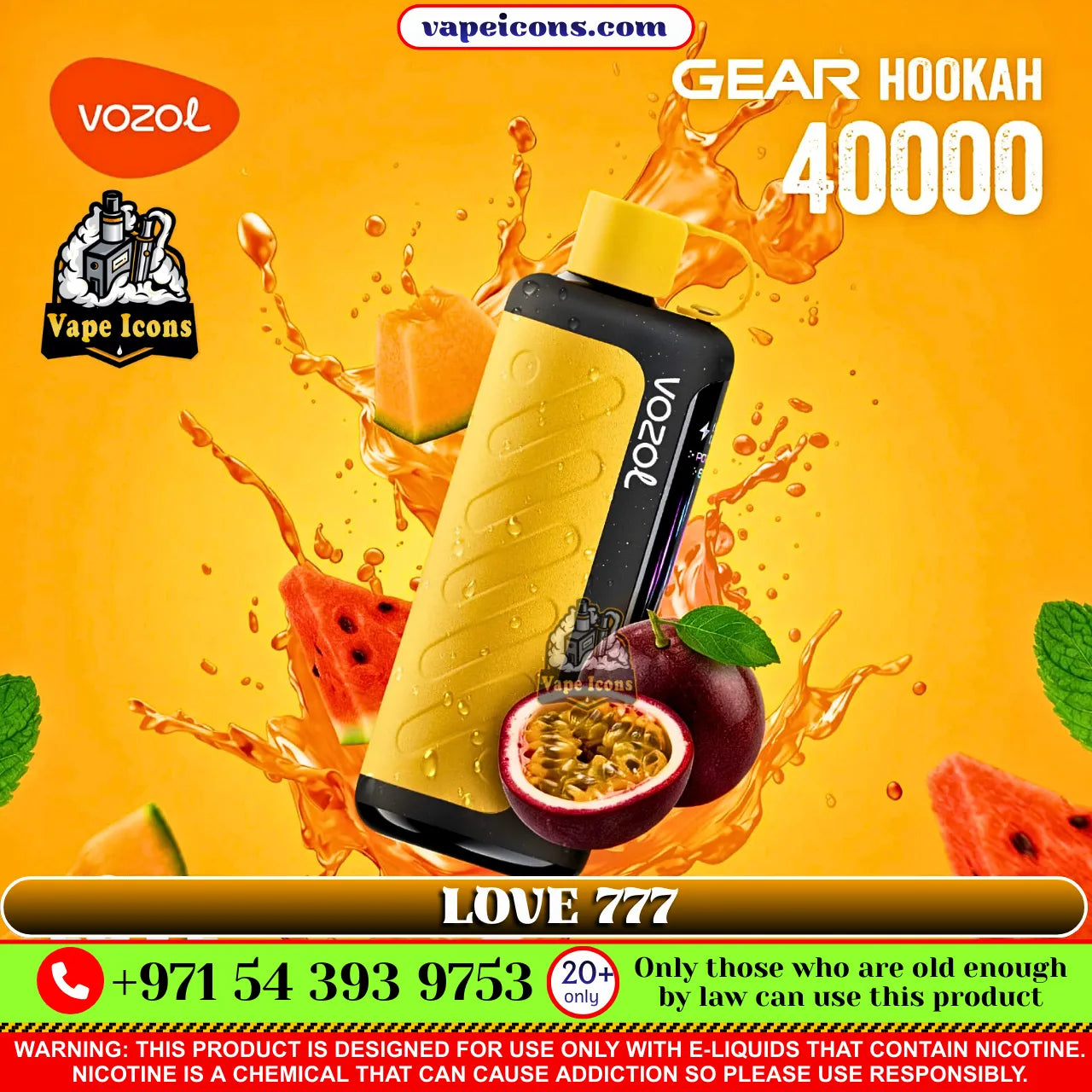 VOZOL Gear Hookah 40k Puffs Rechargeable Disposable vape device with fruit graphics on a vibrant yellow background