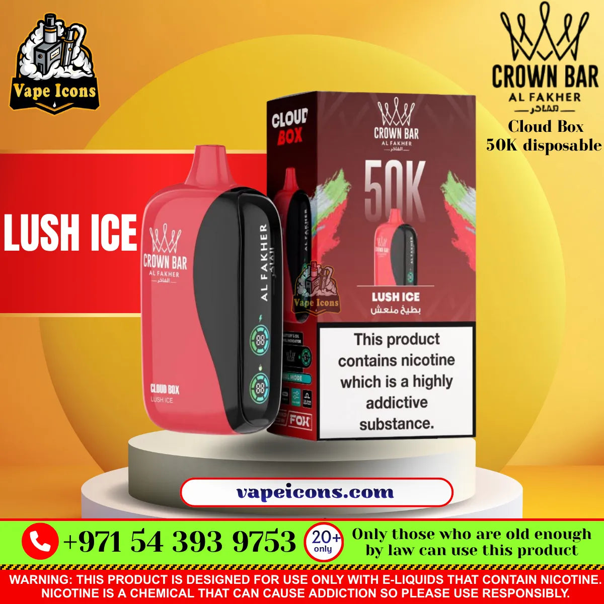 Crown Bar Al Fakher Cloud Box 50K Disposable Vape Lush Ice Flavor Dubai UAE