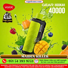 VOZOL Gear Hookah 40k Puffs Rechargeable Disposable vape device with fruit and mint elements on a green background, featuring Vape Icons branding.