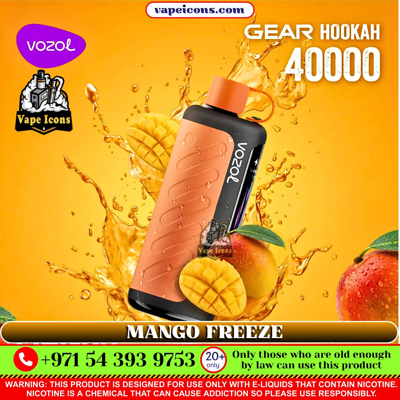 Vozol Gear Hookah 40000 Mango Freeze vape device with mango and apple graphics on a vibrant orange background.