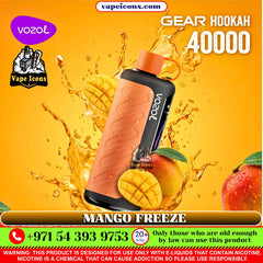 Vozol Gear Hookah 40000 Mango Freeze vape device with mango and apple graphics on a vibrant orange background.