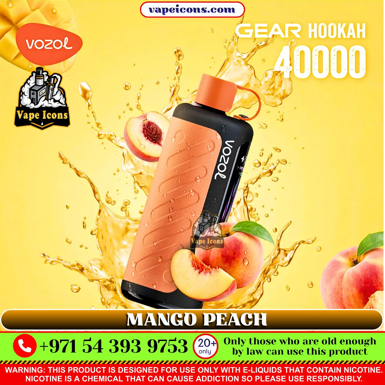 VOZOL Gear Hookah 40k Puffs Rechargeable Disposable vape device with mango peach flavor on a yellow background