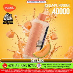 Vozol Gear Hookah 40000 Melon vape device with melon slices and splashes on a yellow background.