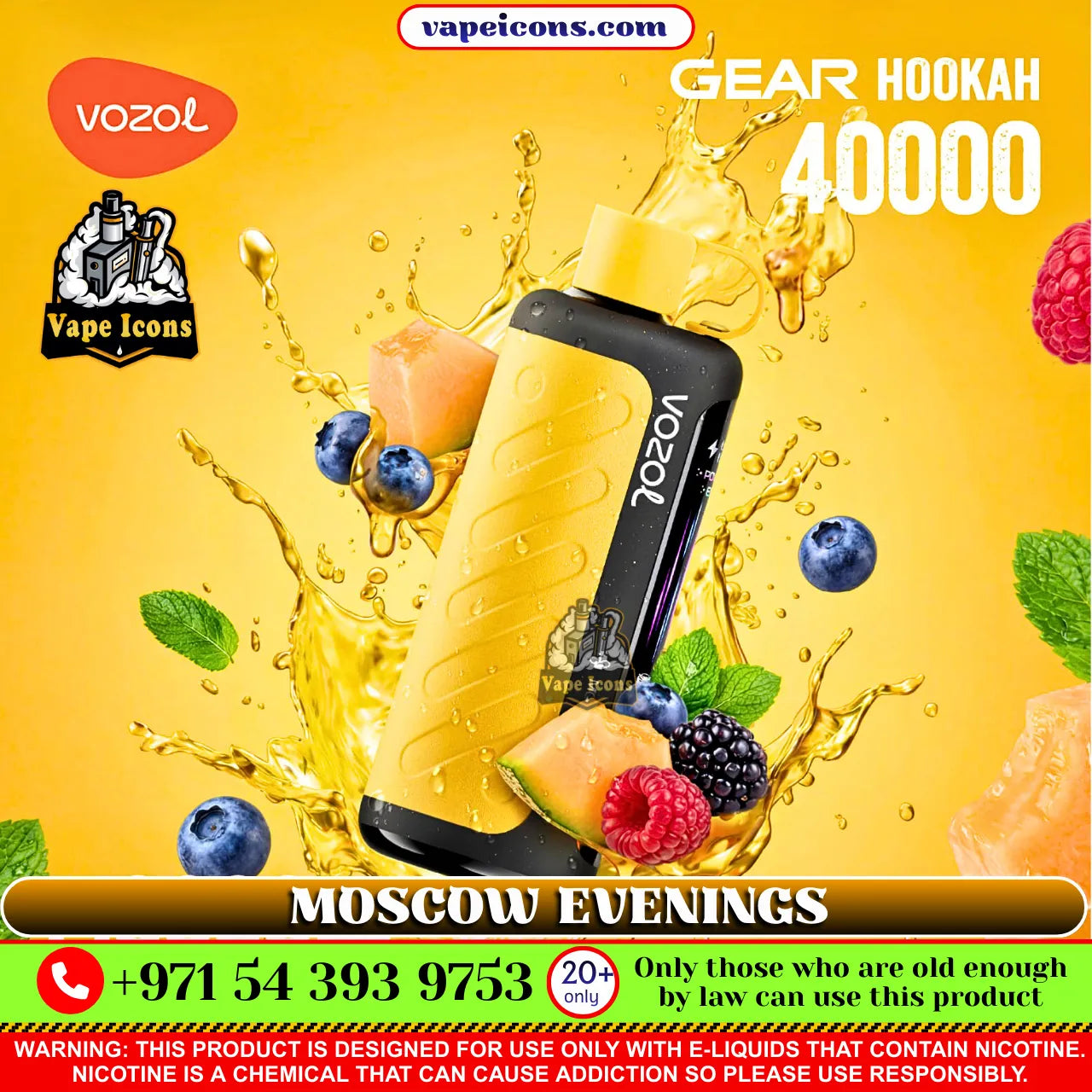 VOZOL Gear Hookah 40k Puffs Rechargeable Disposable vape in Dubai uae device with fruit and liquid splashes on a yellow background, featuring Vape Icons branding.