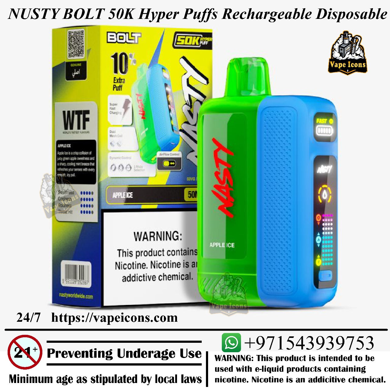 Nusty Bolt 50K Hyper Puffs Rechargeable Disposable vape device with packaging and branding elements. Vape UAE, Vape Emirats.