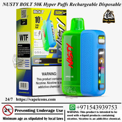 Nusty Bolt 50K Hyper Puffs Rechargeable Disposable vape device with packaging and branding elements. Vape UAE, Vape Emirats.