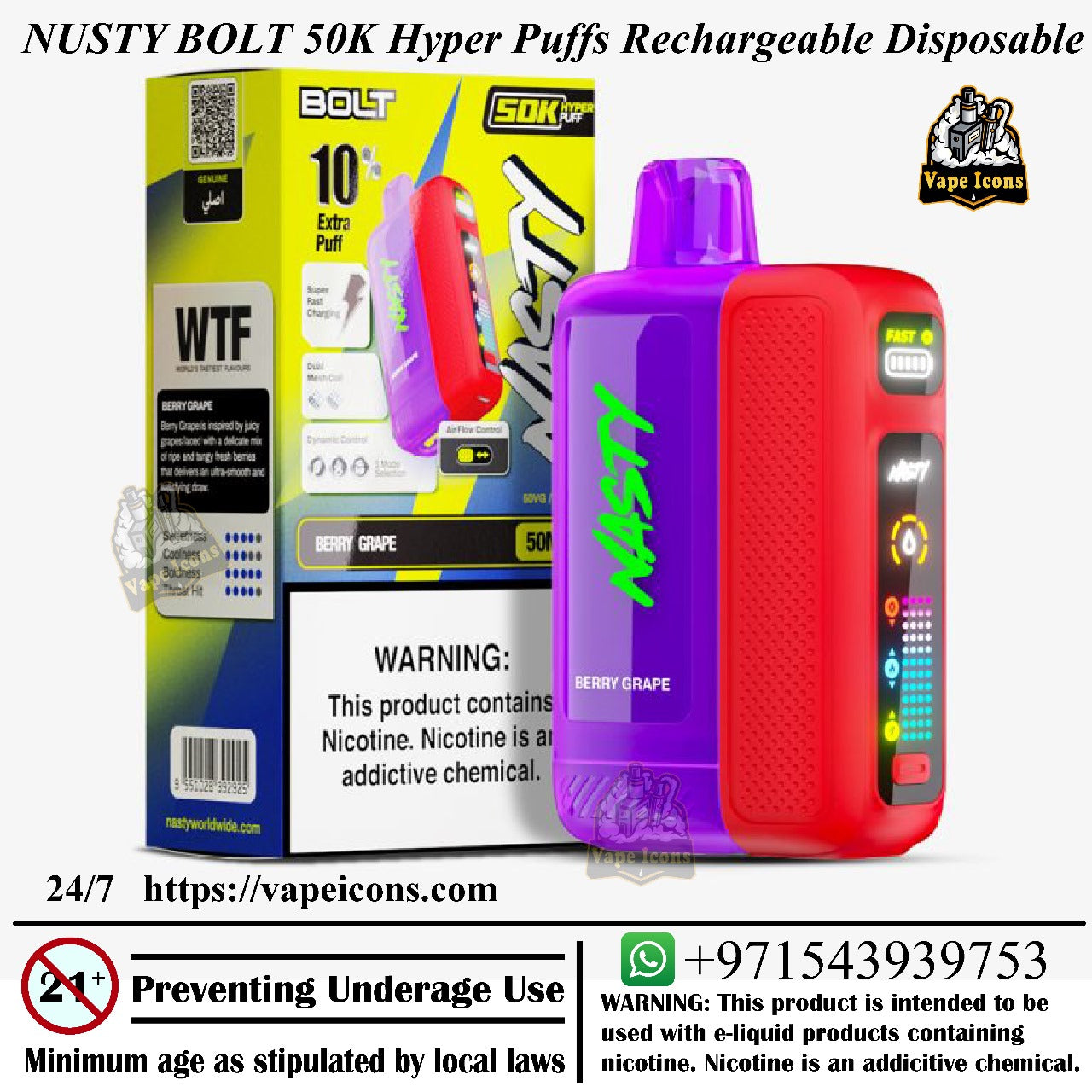 Nusty Bolt 50K Hyper Puffs Rechargeable Disposable device with packaging and branding elements. Vape Dubai, Vape UAE.