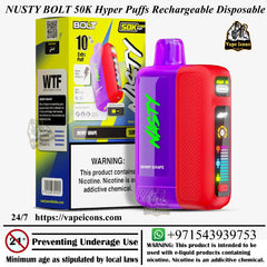 Nusty Bolt 50K Hyper Puffs Rechargeable Disposable device with packaging and branding elements. Vape Dubai, Vape UAE.