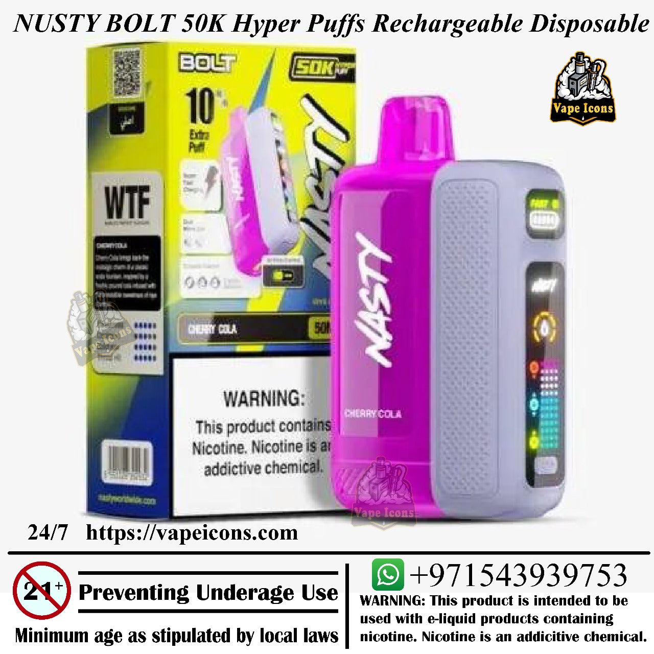 Nusty Bolt 50K Hyper Puffs Rechargeable Disposable vape device with packaging and branding elements. Best Vape Flavour, Buy Online, 3 Adjusteable Mode.