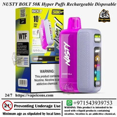 Nusty Bolt 50K Hyper Puffs Rechargeable Disposable vape device with packaging and branding elements. Best Vape Flavour, Buy Online, 3 Adjusteable Mode.