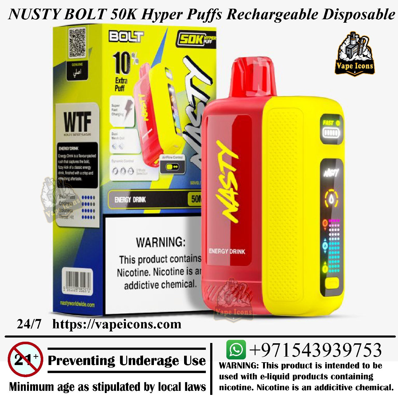 Nusty Bolt 50K Hyper Puffs Rechargeable Disposable device with packaging and branding on a white background. Luxary Vape Device, 0mg Vape, 20mg Vape.