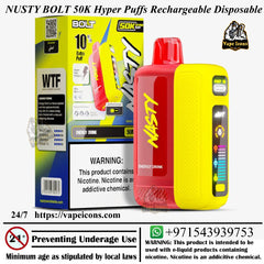 Nusty Bolt 50K Hyper Puffs Rechargeable Disposable device with packaging and branding on a white background. Luxary Vape Device, 0mg Vape, 20mg Vape.