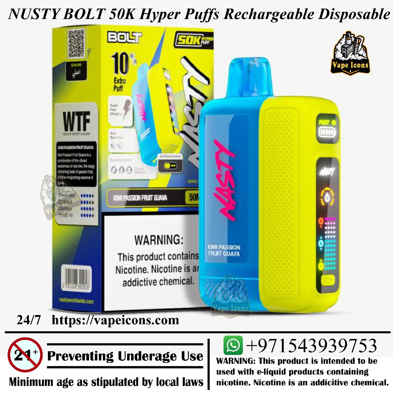 Nusty Bolt 50K Hyper Puffs Rechargeable Disposable device with packaging and branding details. Online Buy Vape, Vae Near Me, Best Vape Flavour.