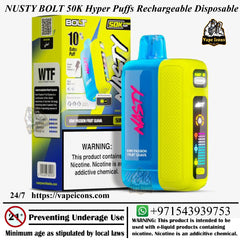 Nusty Bolt 50K Hyper Puffs Rechargeable Disposable device with packaging and branding details. Online Buy Vape, Vae Near Me, Best Vape Flavour.