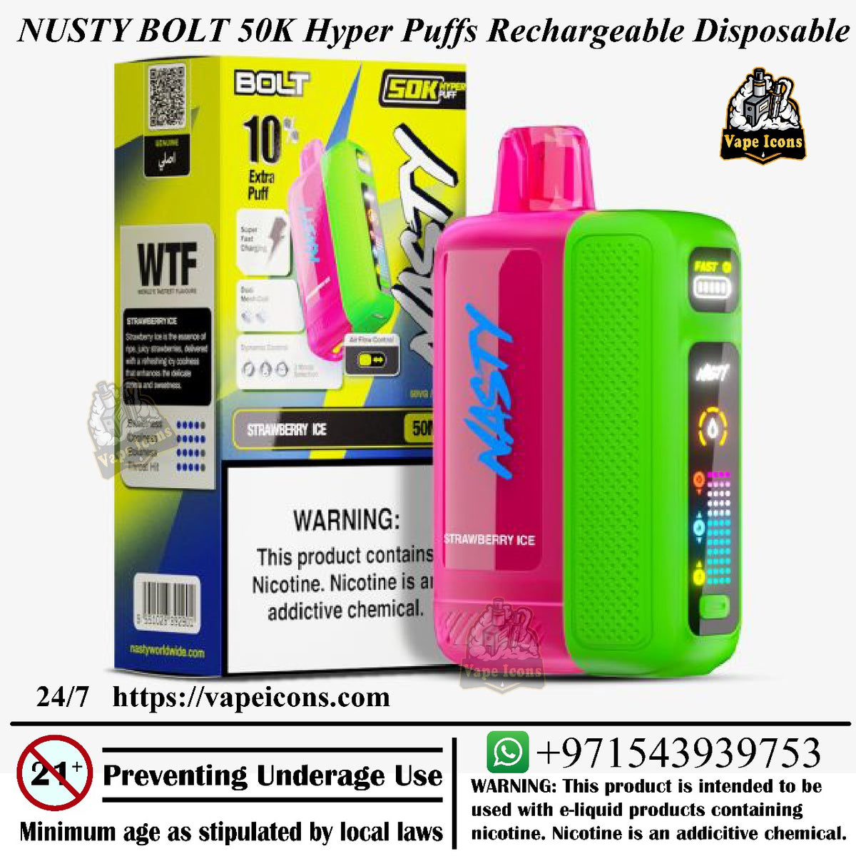Nusty Bolt 50K Hyper Puffs Rechargeable Disposable vape device with packaging and branding. Best Disposable, Original Vape Device.