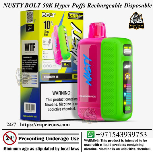 Nusty Bolt 50K Hyper Puffs Rechargeable Disposable vape device with packaging and branding. Best Disposable, Original Vape Device.