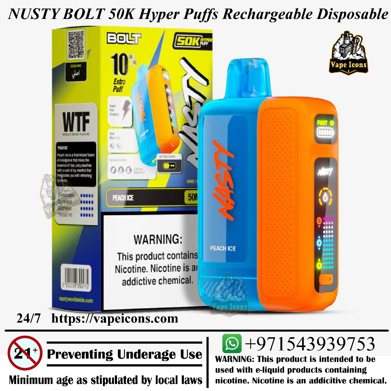 Nusty Bolt 50K Hyper Puffs Rechargeable Disposable vape device with packaging and branding. 50mg nicotine Disposable.
