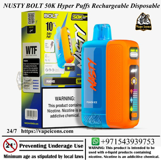 Nusty Bolt 50K Hyper Puffs Rechargeable Disposable vape device with packaging and branding. 50mg nicotine Disposable.