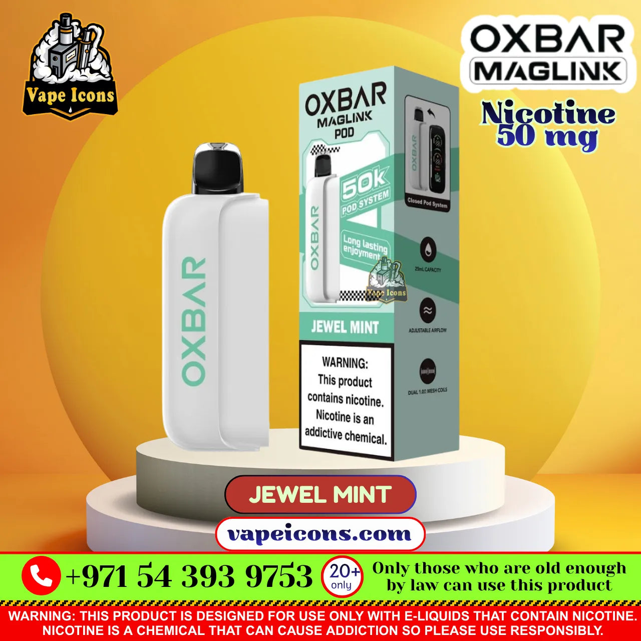 Oxbar Maglink PDD vape device in Jewel Mint flavor shown next to its retail packaging box, displayed on a white pedestal with promotional text overlays.