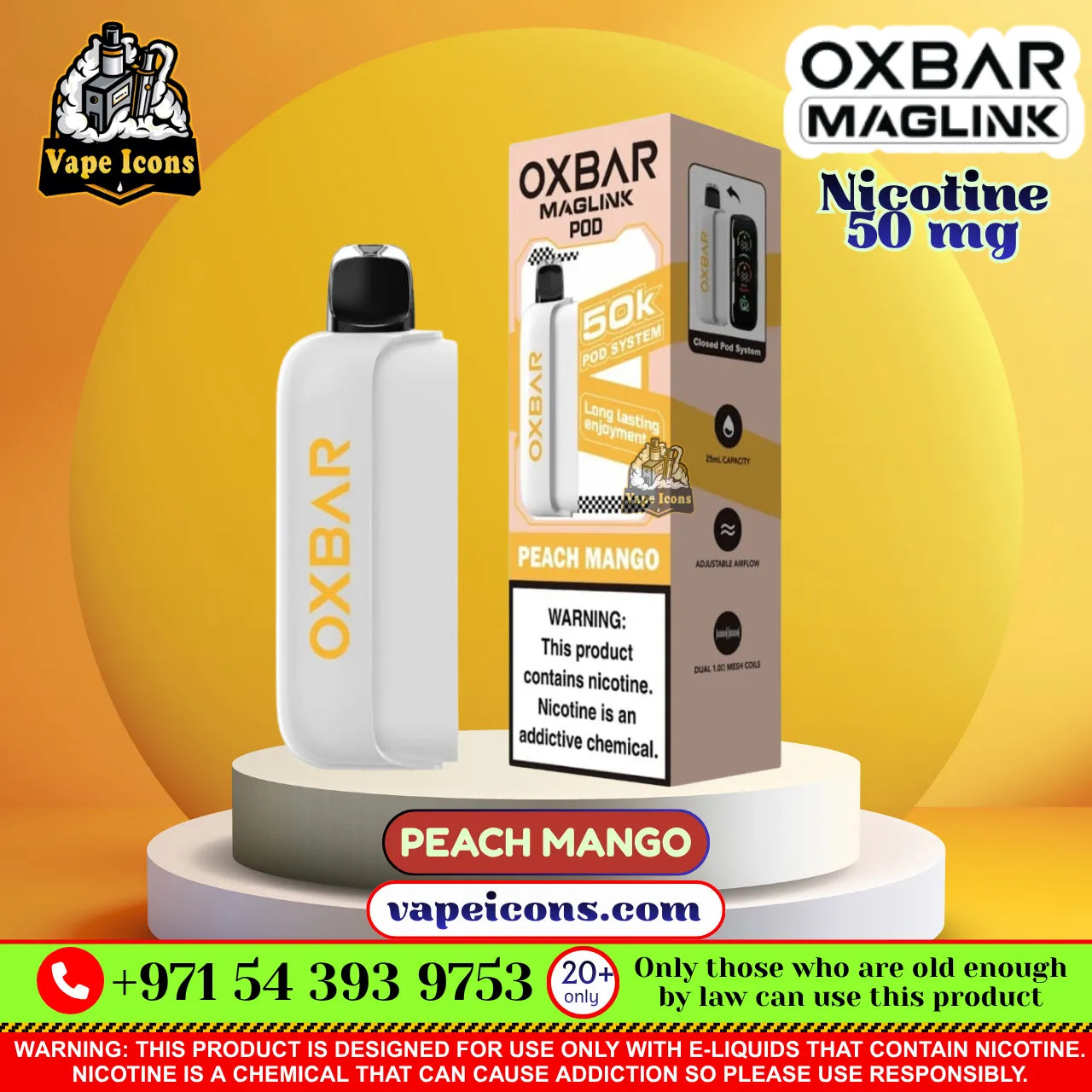 Oxbar Maglink Pod vape device in Peach Mango flavor, displayed next to its retail packaging box on a white pedestal against a yellow and orange gradient background. The image features multiple brand watermarks and promotional text overlays.