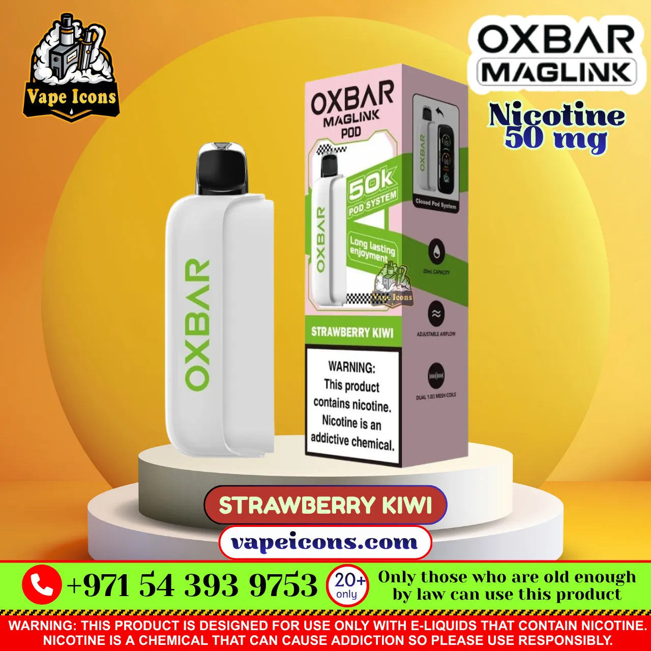 Oxbar Maglink POD Strawberry Kiwi disposable vape device and its packaging box displayed on a white pedestal against a yellow and orange gradient background. The product is white with green branding text and a black mouthpiece.