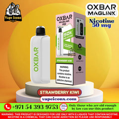 Oxbar Maglink POD Strawberry Kiwi disposable vape device and its packaging box displayed on a white pedestal against a yellow and orange gradient background. The product is white with green branding text and a black mouthpiece.