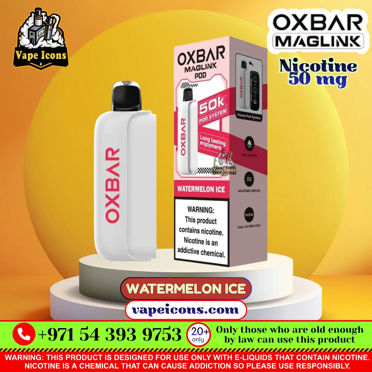 Oxbar Maglink POD Watermelon Ice disposable vape device and its retail packaging, displayed on a white tiered pedestal against a yellow and orange gradient background. The product is white with red branding and a black mouthpiece.
