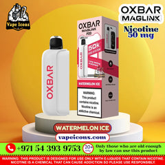 Oxbar Maglink POD Watermelon Ice disposable vape device and its retail packaging, displayed on a white tiered pedestal against a yellow and orange gradient background. The product is white with red branding and a black mouthpiece.