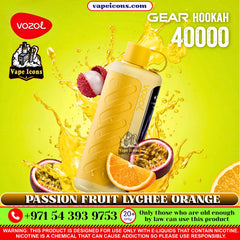 VOZOL Gear Hookah 40k Puffs Rechargeable Disposable Yellow vape device with fruit slices on a vibrant yellow background, featuring Vozol branding.