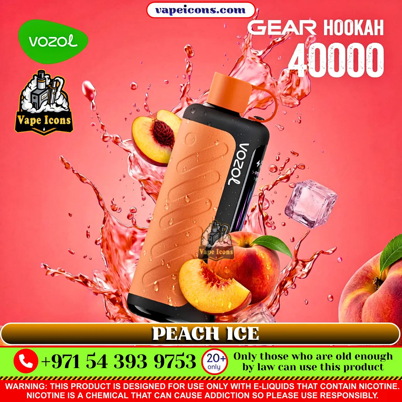 VOZOL Gear Hookah 40k Puffs Rechargeable Disposable vape device with peach ice flavor on a pink background, featuring Vape Icons branding.
