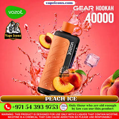 VOZOL Gear Hookah 40k Puffs Rechargeable Disposable vape device with peach ice flavor on a pink background, featuring Vape Icons branding.