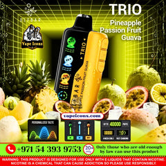 ELFBAR TRIO 40K PUFFS RECHARGEABLE DSPOSABLE In Dubai, Vape Motor City, Vape Shop JVC, Vape Shop Near Me, Best Diposable, Long Lasing Diposable, Mix Berry, Strawberry Watermelon, Blueberry Ice, Peach Mango, Double Mango, Peach Ice, Blueberry Raspberry Ice, Pineapple Passion Fruit Guava, Strawberry Mango, Lychee Juicy Peach, Grape Ice, Strawberry Ice, Strawberry Kiwi, Peach Mango Watermelon, Mango Ice, VCT, Watermelon Bubblegum. Vape device with fruit-themed design and branding on a vibrant background