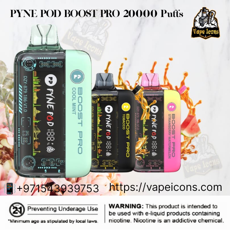 The image shows the Pyne Pod Boost Pro 20000 Puffs Disposable Vape in various colors. The product is displayed with an LED indication of battery and e-liquid levels, and it is advertised with a caution about nicotine content.