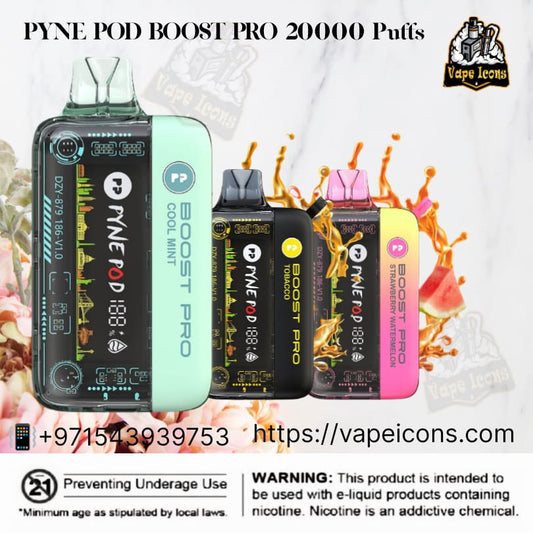 The image shows the Pyne Pod Boost Pro 20000 Puffs Disposable Vape in various colors. The product is displayed with an LED indication of battery and e-liquid levels, and it is advertised with a caution about nicotine content.
