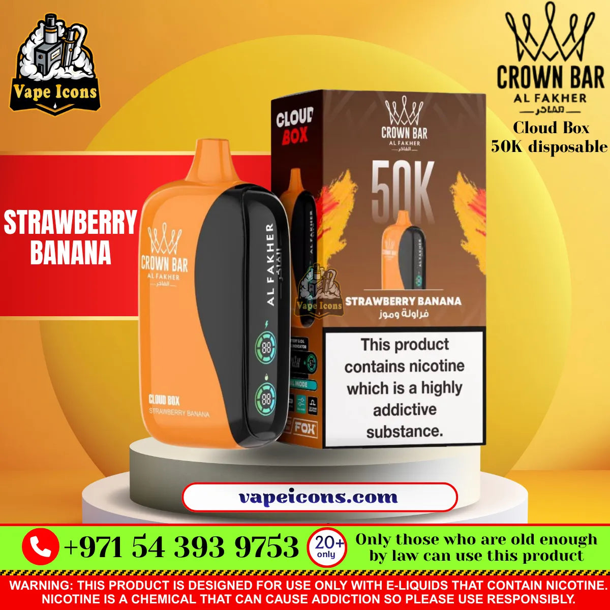 Crown Bar Al Fakher Cloud Box 50K Disposable Vape Strawberry Banana Flavor Dubai