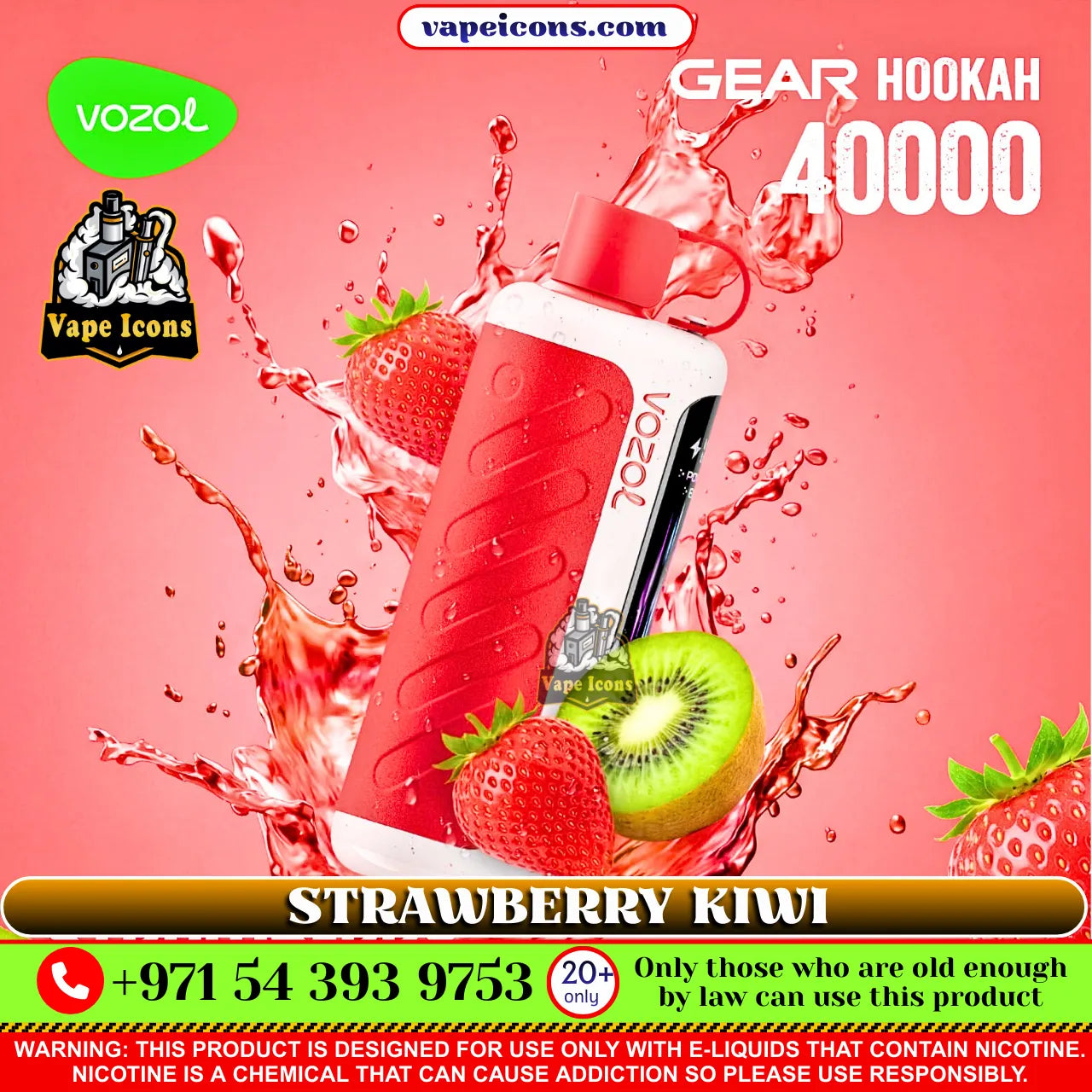 VOZOL Gear Hookah 40k Puffs Rechargeable Disposable vape device with strawberries and kiwi on a pink background, featuring Vozol and Vape Icons branding.