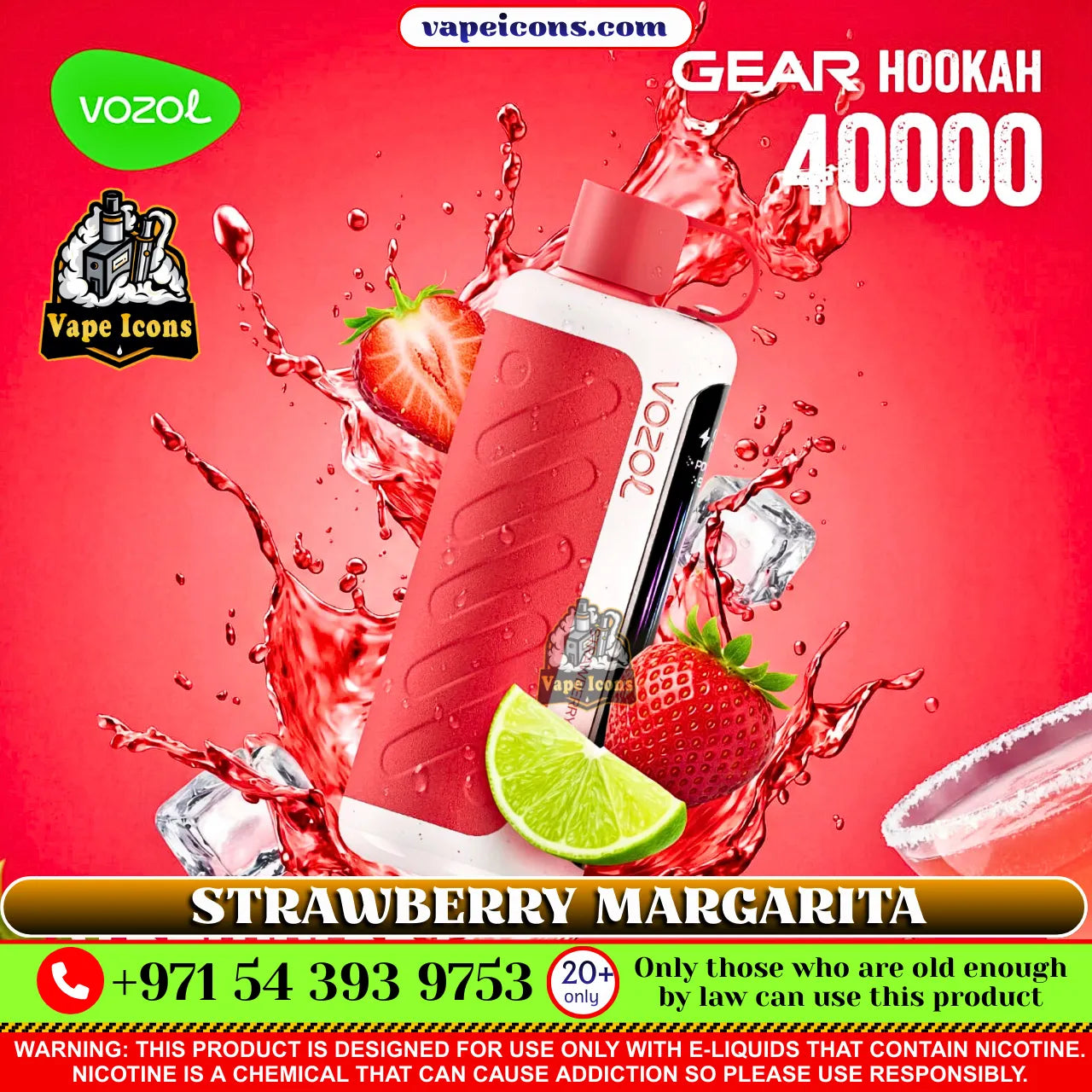 Vozol Gear Hookah 40000 Strawberry Margarita vape device with strawberries and lime on a red background.
